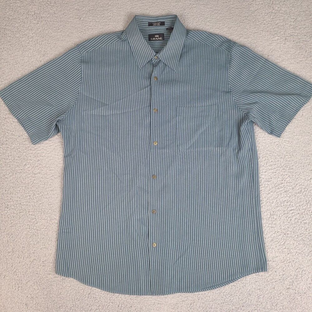 Savane Shirt Mens Large Blue Striped Luster Wash Modal‎ Rayon Easy Care